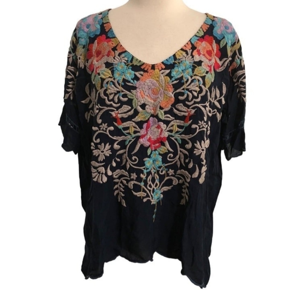 Johnny Was Womens BOHO Jenn V-Neck Floral Embroidered Blue Blouse Medium